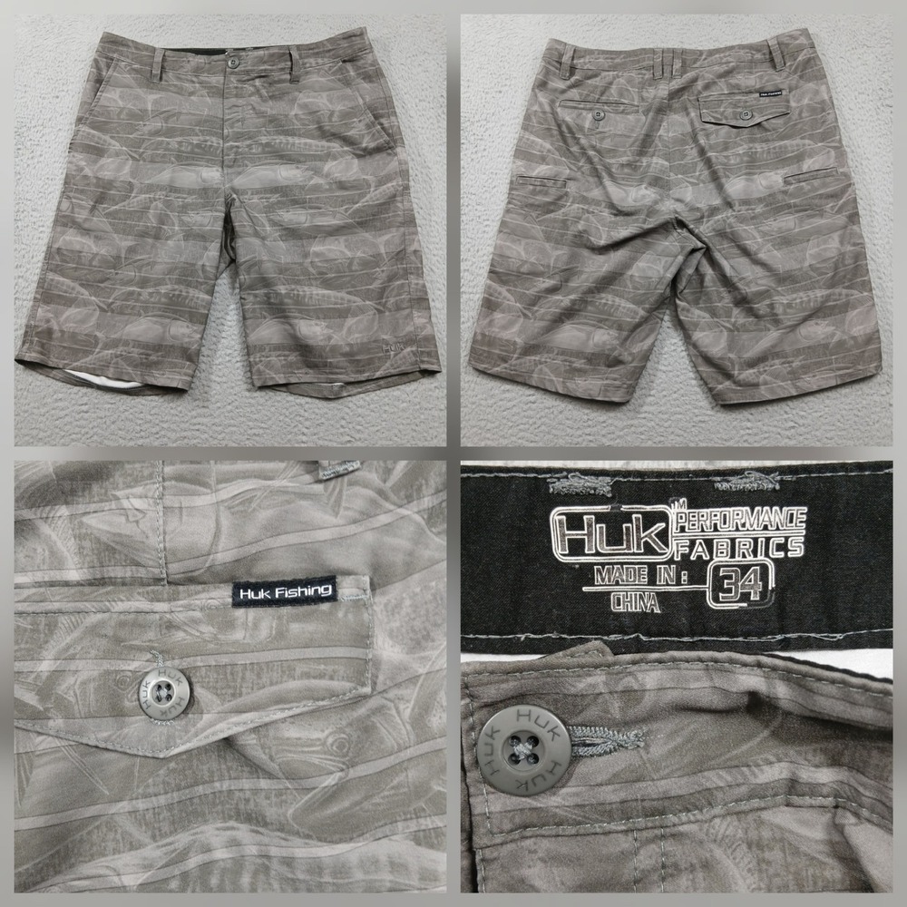 Huk Fishing Shorts Men's 34 Gray Fish Print Performance Outdoor